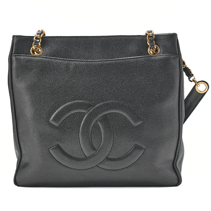 CHANEL Caviar Skin Outside Flap Chain Tote Black Gold-Tone Hardware, Pre-Owned