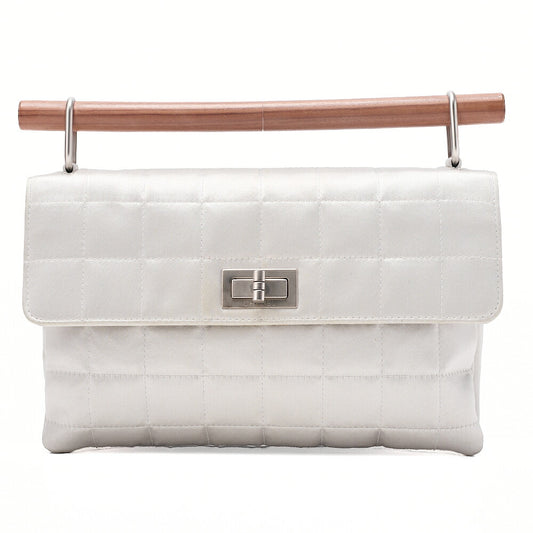 CHANEL Choco Bar 2.55 Turnlock Wood Handbag Satin Silver Silver-Tone Hardware, Pre-Owned