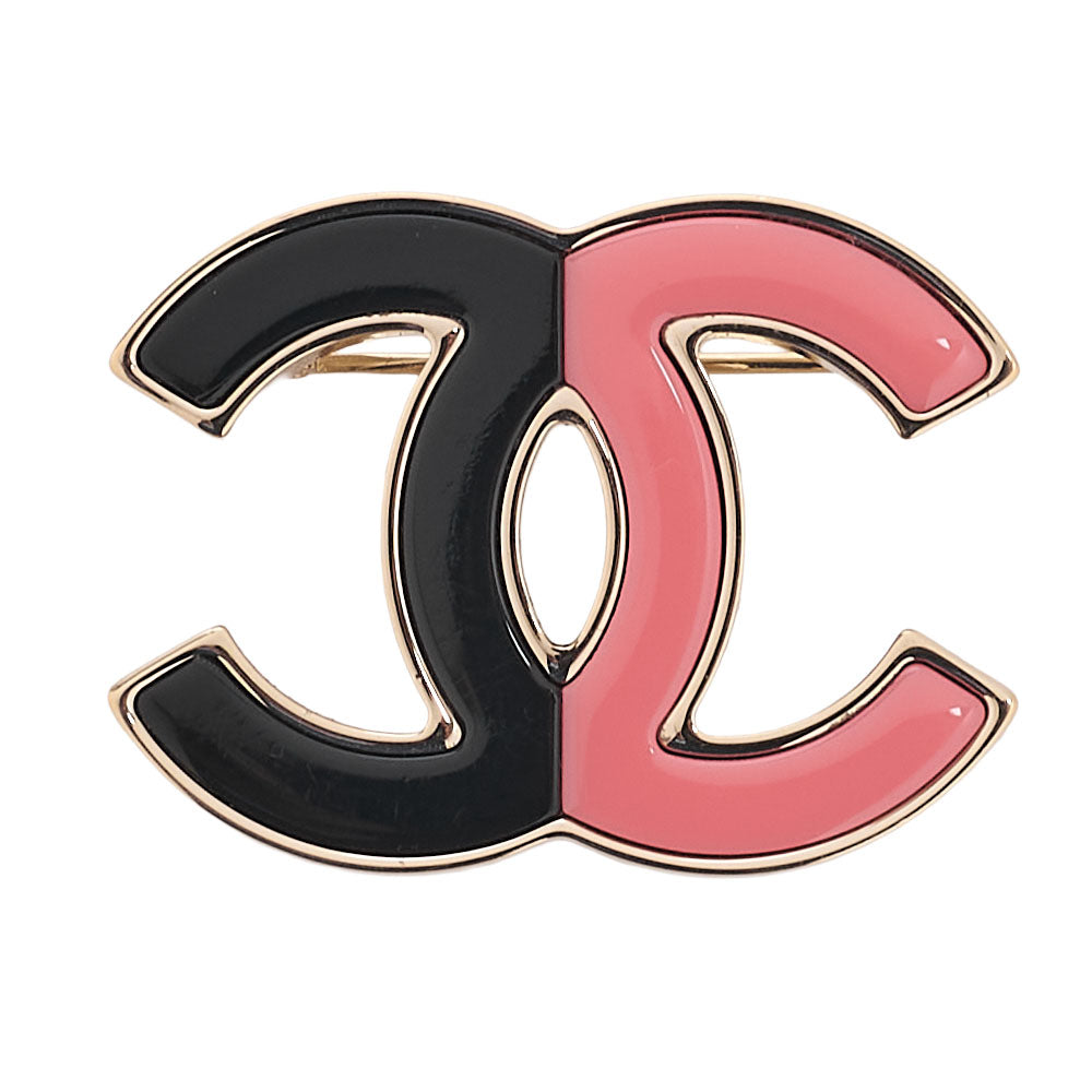 CHANEL ココマーク B23C ブローチ GP (ゴールドプレーテッド) x プラスチック ブラック x ピンク ブローチ ゴールドトーン金具, 中古品