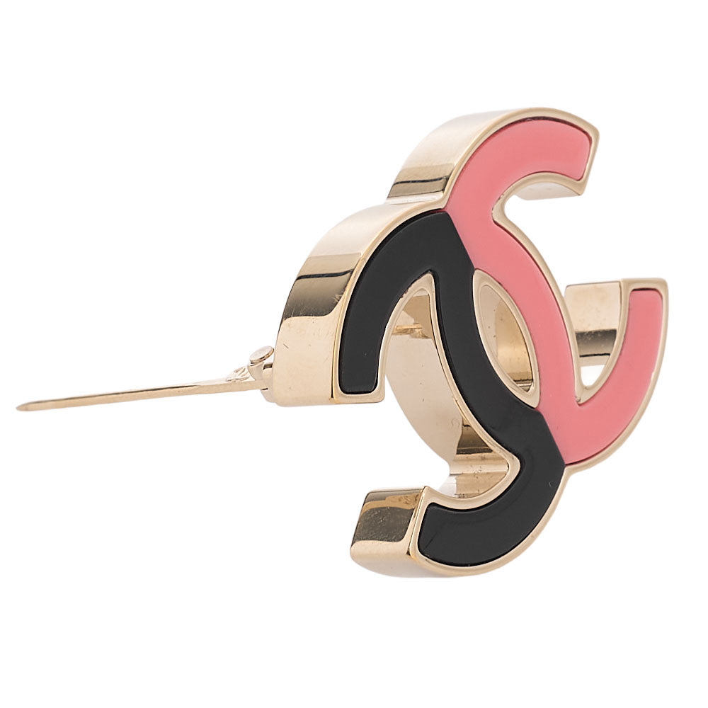 CHANEL ココマーク B23C ブローチ GP (ゴールドプレーテッド) x プラスチック ブラック x ピンク ブローチ ゴールドトーン金具, 中古品