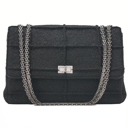 CHANEL シャネル チョコレートバー 2.55ロック 2.55チェーンショルダー シングル フラップ ウール フェルト ブラック ラージサイズ シルバー金具 中古品
