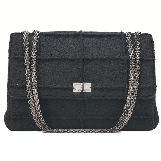 CHANEL Chanel Chocolate Bar 2.55 Lock 2.55 Chain Shoulder Single Flap Wool Felt Black Large Size Silver-Tone Hardware, Pre-Owned