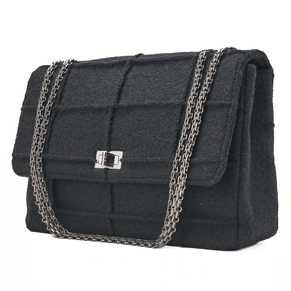 CHANEL シャネル チョコレートバー 2.55ロック 2.55チェーンショルダー シングル フラップ ウール フェルト ブラック ラージサイズ シルバー金具 中古品
