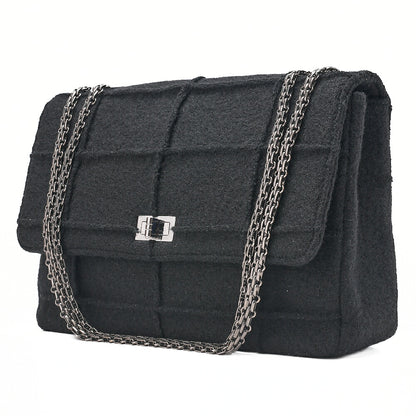 CHANEL シャネル チョコレートバー 2.55ロック 2.55チェーンショルダー シングル フラップ ウール フェルト ブラック ラージサイズ シルバー金具 中古品