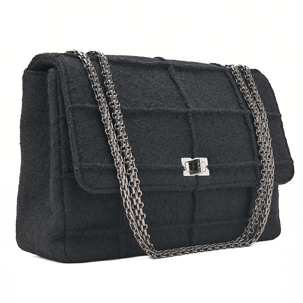 CHANEL シャネル チョコレートバー 2.55ロック 2.55チェーンショルダー シングル フラップ ウール フェルト ブラック ラージサイズ シルバー金具 中古品