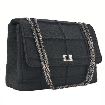 CHANEL シャネル チョコレートバー 2.55ロック 2.55チェーンショルダー シングル フラップ ウール フェルト ブラック ラージサイズ シルバー金具 中古品