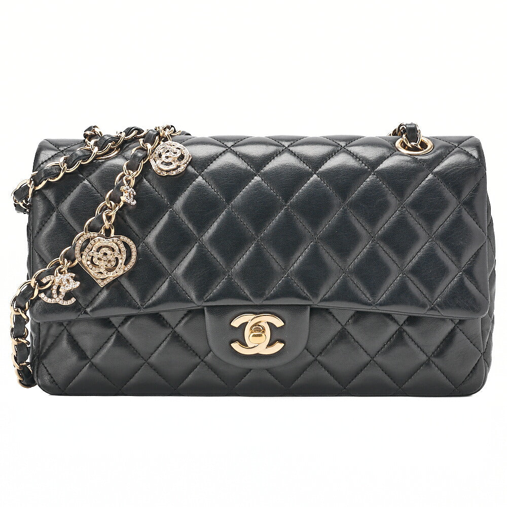 CHANEL ラムスキン マトラッセ 25cm シングル フラップ アイコン チェーンショルダー 黒 ゴールド金具 中古