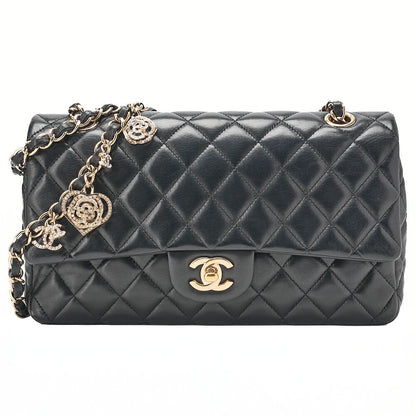 CHANEL ラムスキン マトラッセ 25cm シングル フラップ アイコン チェーンショルダー 黒 ゴールド金具 中古