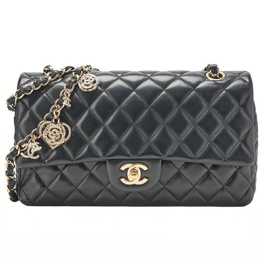 CHANEL Lambskin Matrasse 25cm Single Flap Icon Chain Shoulder Black Gold-Tone Hardware, Pre-Owned