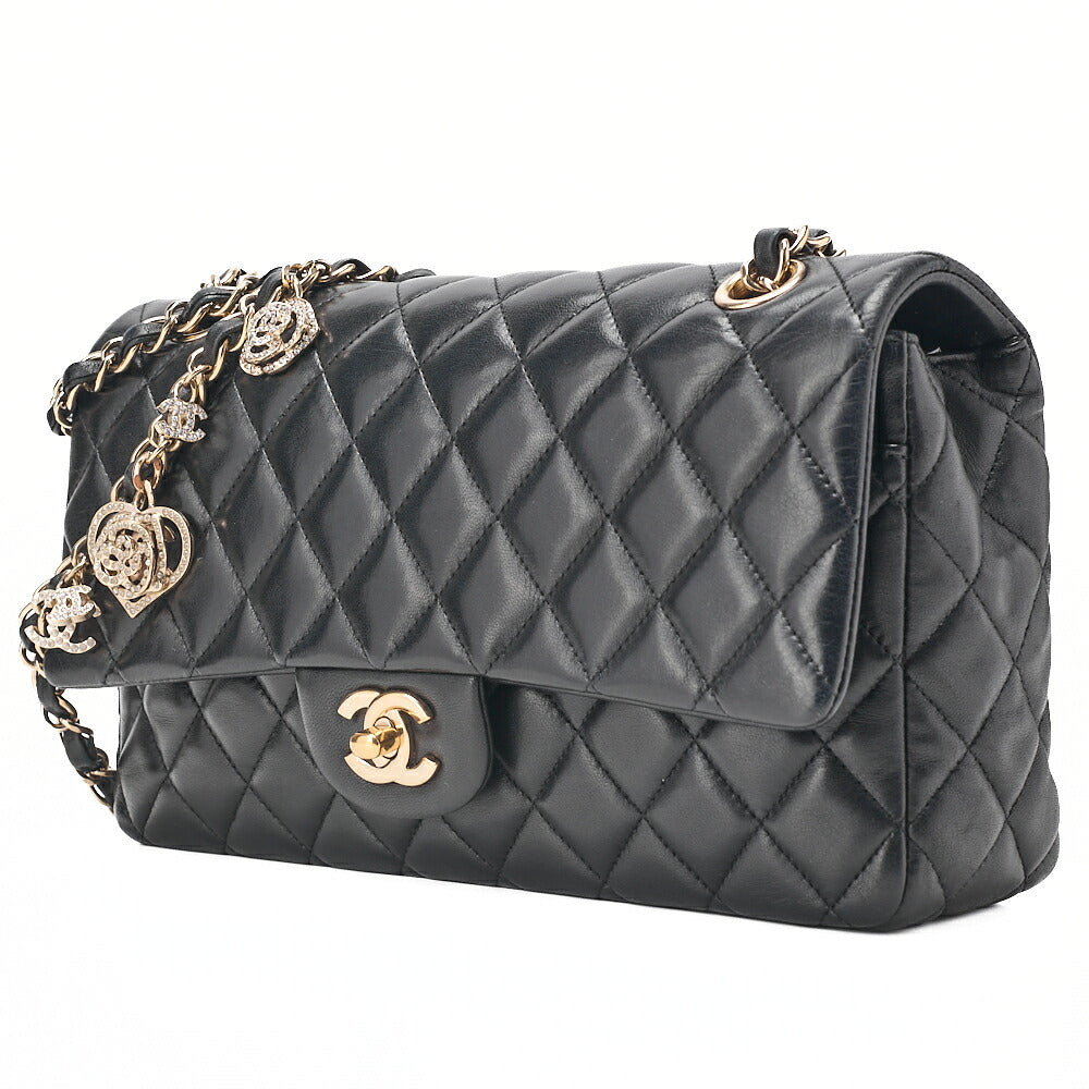 CHANEL ラムスキン マトラッセ 25cm シングル フラップ アイコン チェーンショルダー 黒 ゴールド金具 中古