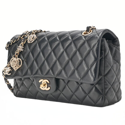 CHANEL ラムスキン マトラッセ 25cm シングル フラップ アイコン チェーンショルダー 黒 ゴールド金具 中古