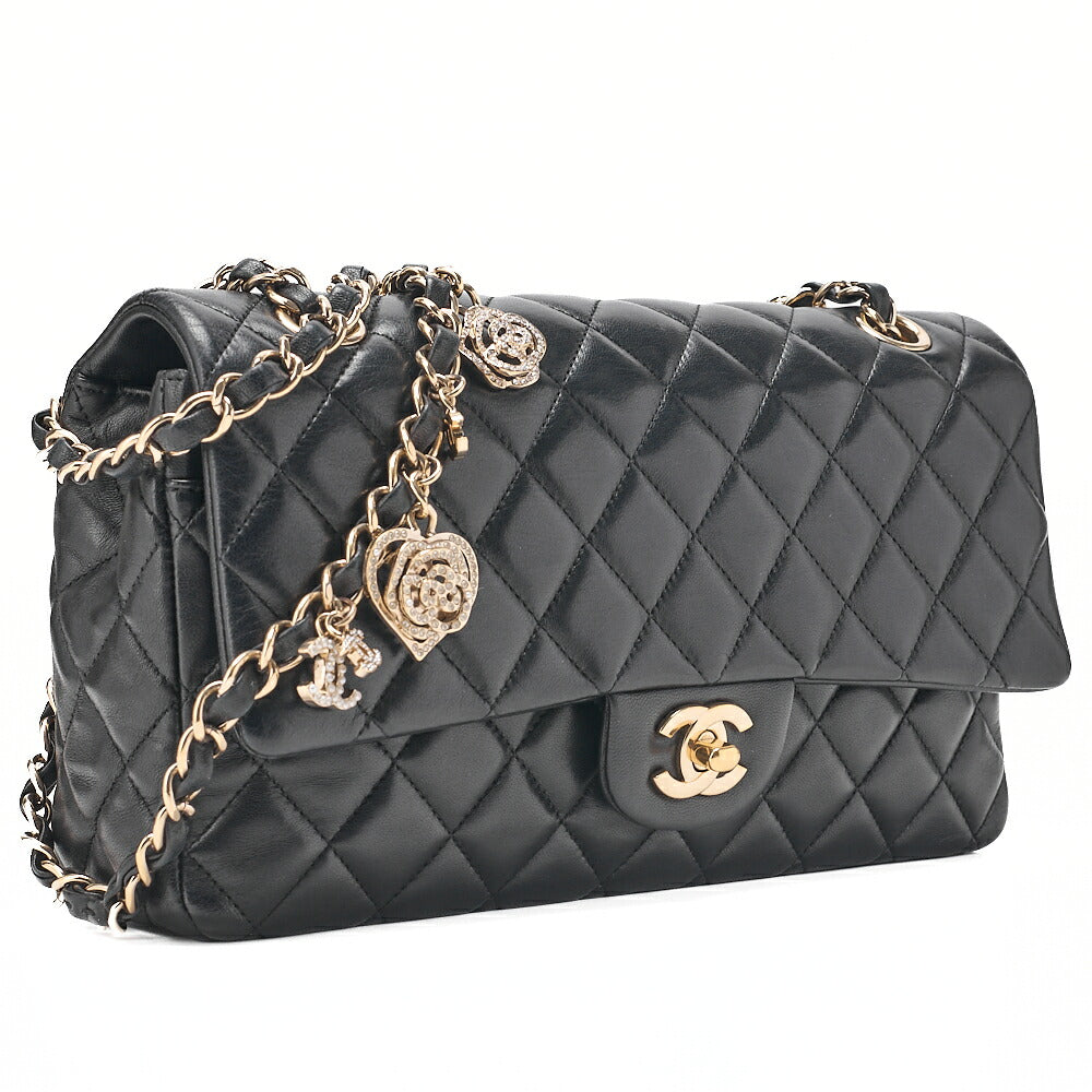 CHANEL ラムスキン マトラッセ 25cm シングル フラップ アイコン チェーンショルダー 黒 ゴールド金具 中古