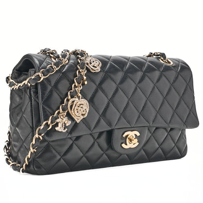 CHANEL ラムスキン マトラッセ 25cm シングル フラップ アイコン チェーンショルダー 黒 ゴールド金具 中古