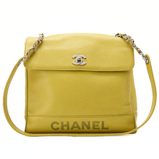 CHANEL Caviar Skin Turnlock Logo Mark One Chain Shoulder Green Silver-Tone Hardware, Pre-Owned