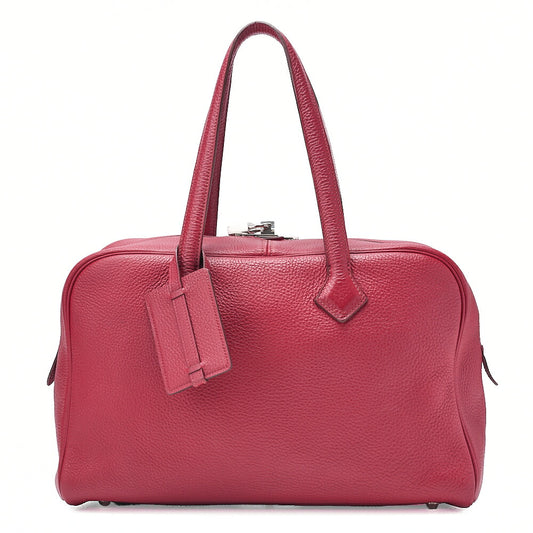 HERMES Victoria 35 Trion Clemence Tote Bag Rouge Garance Silver -Tone Hardware, Pre-Owned