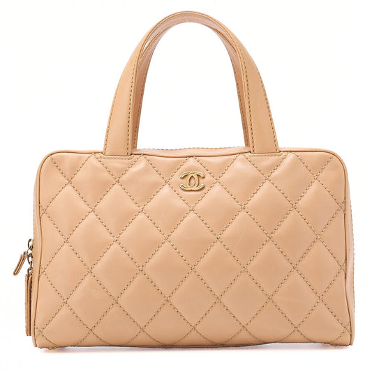 CHANEL Coco Mark Wild Stitch Handbag Calf Leather Beige Gold-Tone Hardware, Pre-Owned