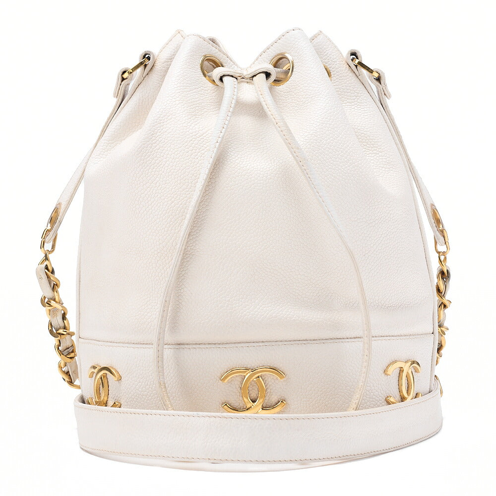 CHANEL Chain Shoulder Bag Triple Coco Caviar Skin Ball Charm Drawstring White Gold -Tone Hardware, Pre-Owned