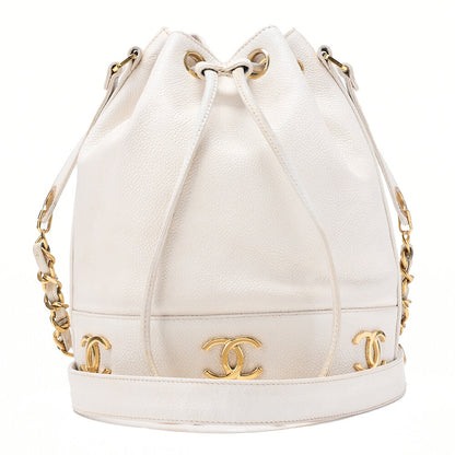 CHANEL Chain Shoulder Bag Triple Coco Caviar Skin Ball Charm Drawstring White Gold -Tone Hardware, Pre-Owned