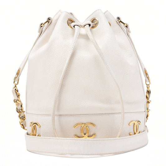 CHANEL Chain Shoulder Bag Triple Coco Caviar Skin Ball Charm Drawstring White Gold -Tone Hardware, Pre-Owned