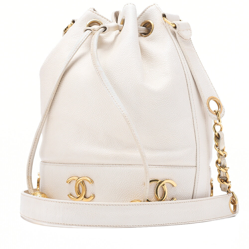 CHANEL Chain Shoulder Bag Triple Coco Caviar Skin Ball Charm Drawstring White Gold -Tone Hardware, Pre-Owned