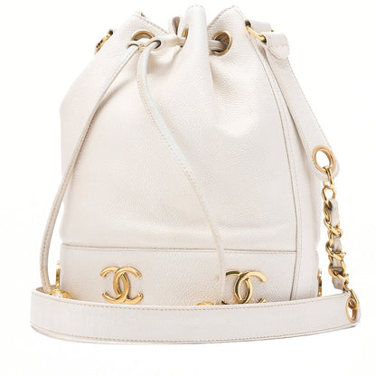 CHANEL Chain Shoulder Bag Triple Coco Caviar Skin Ball Charm Drawstring White Gold -Tone Hardware, Pre-Owned
