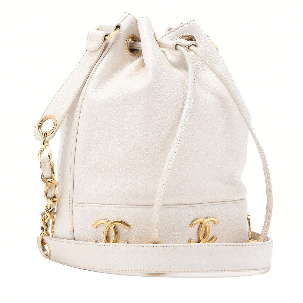 CHANEL Chain Shoulder Bag Triple Coco Caviar Skin Ball Charm Drawstring White Gold -Tone Hardware, Pre-Owned