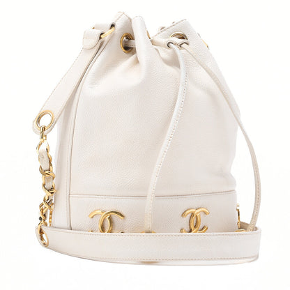 CHANEL Chain Shoulder Bag Triple Coco Caviar Skin Ball Charm Drawstring White Gold -Tone Hardware, Pre-Owned