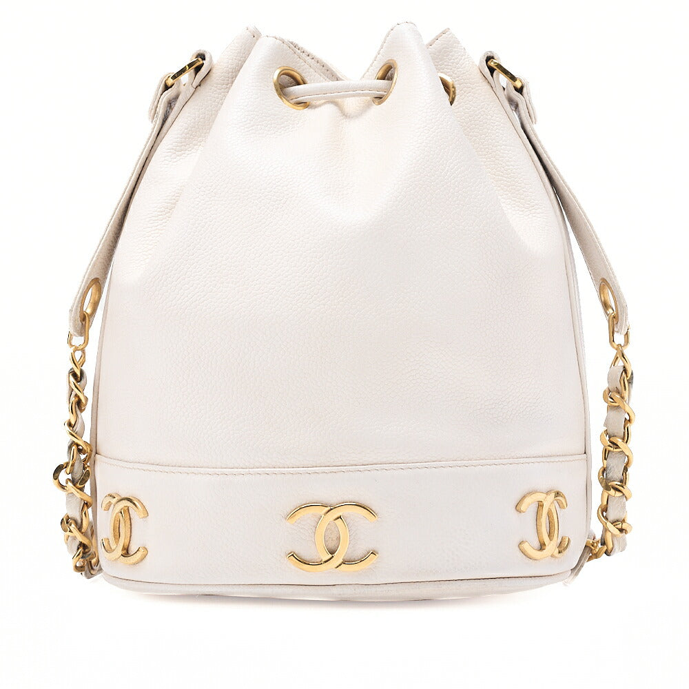 CHANEL Chain Shoulder Bag Triple Coco Caviar Skin Ball Charm Drawstring White Gold -Tone Hardware, Pre-Owned