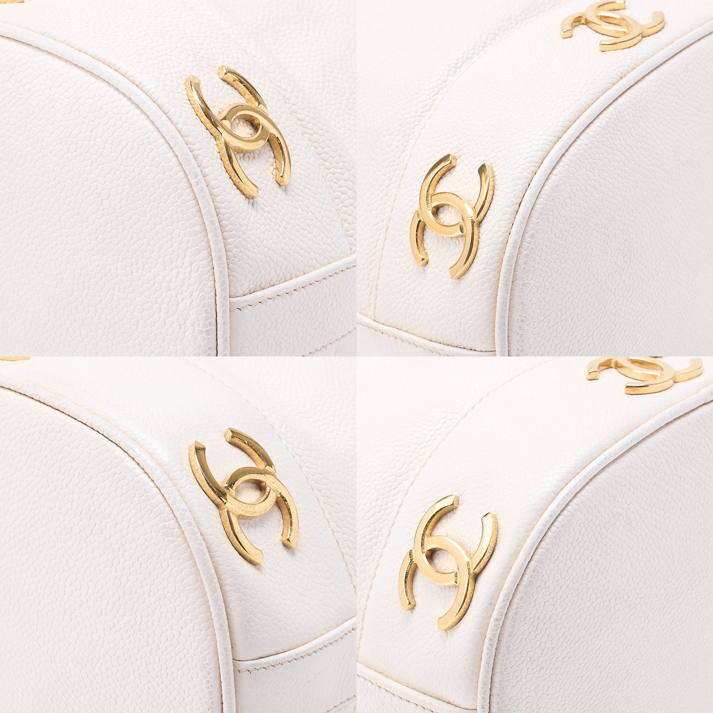 CHANEL Chain Shoulder Bag Triple Coco Caviar Skin Ball Charm Drawstring White Gold -Tone Hardware, Pre-Owned