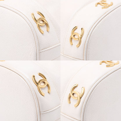 CHANEL Chain Shoulder Bag Triple Coco Caviar Skin Ball Charm Drawstring White Gold -Tone Hardware, Pre-Owned