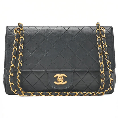 CHANEL Lambskin Matelasse 25cm Straight Double Flap Chain Shoulder Black Gold-Tone Hardware, Pre-Owned