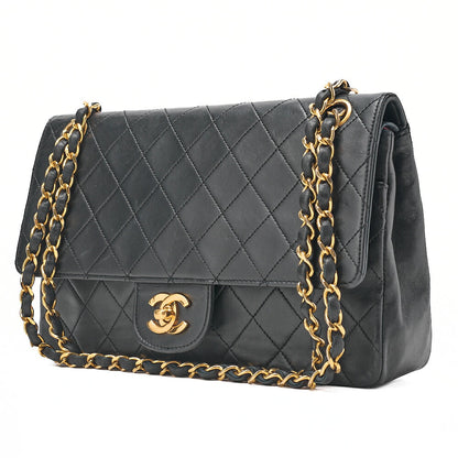 CHANEL Lambskin Matelasse 25cm Straight Double Flap Chain Shoulder Black Gold-Tone Hardware, Pre-Owned