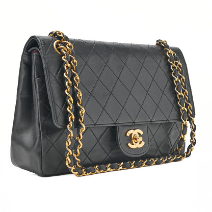 CHANEL Lambskin Matelasse 25cm Straight Double Flap Chain Shoulder Black Gold-Tone Hardware, Pre-Owned
