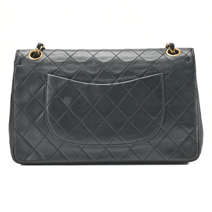 CHANEL Lambskin Matelasse 25cm Straight Double Flap Chain Shoulder Black Gold-Tone Hardware, Pre-Owned