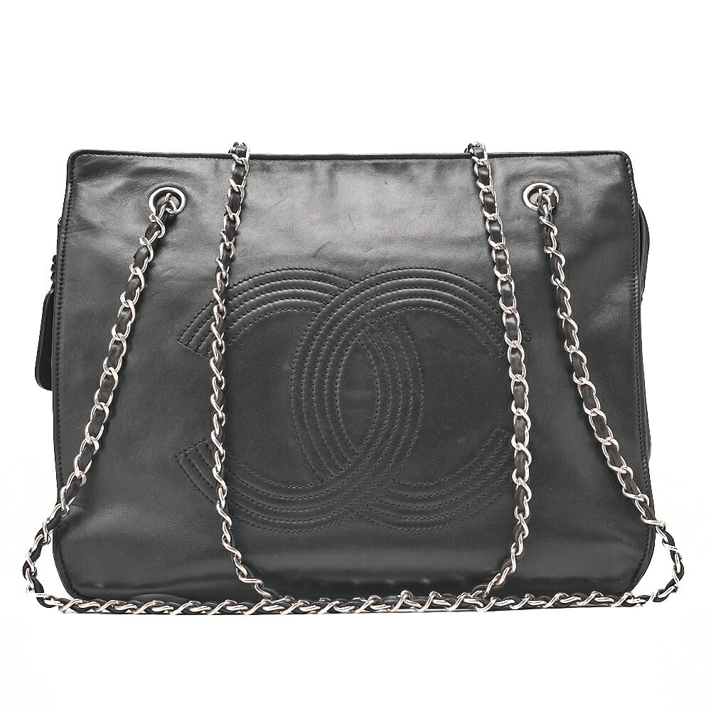 CHANEL Lambskin Big Coco Mark W Chain Shoulder Black Silver -Tone Hardware, Pre-Owned