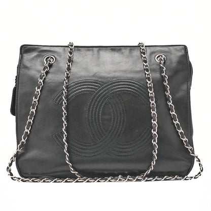 CHANEL Lambskin Big Coco Mark W Chain Shoulder Black Silver -Tone Hardware, Pre-Owned