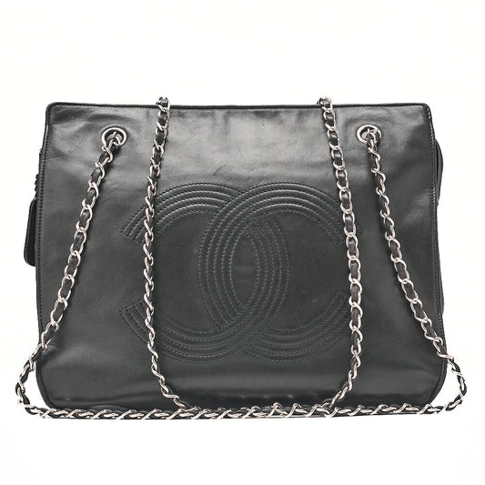 CHANEL Lambskin Big Coco Mark W Chain Shoulder Black Silver -Tone Hardware, Pre-Owned