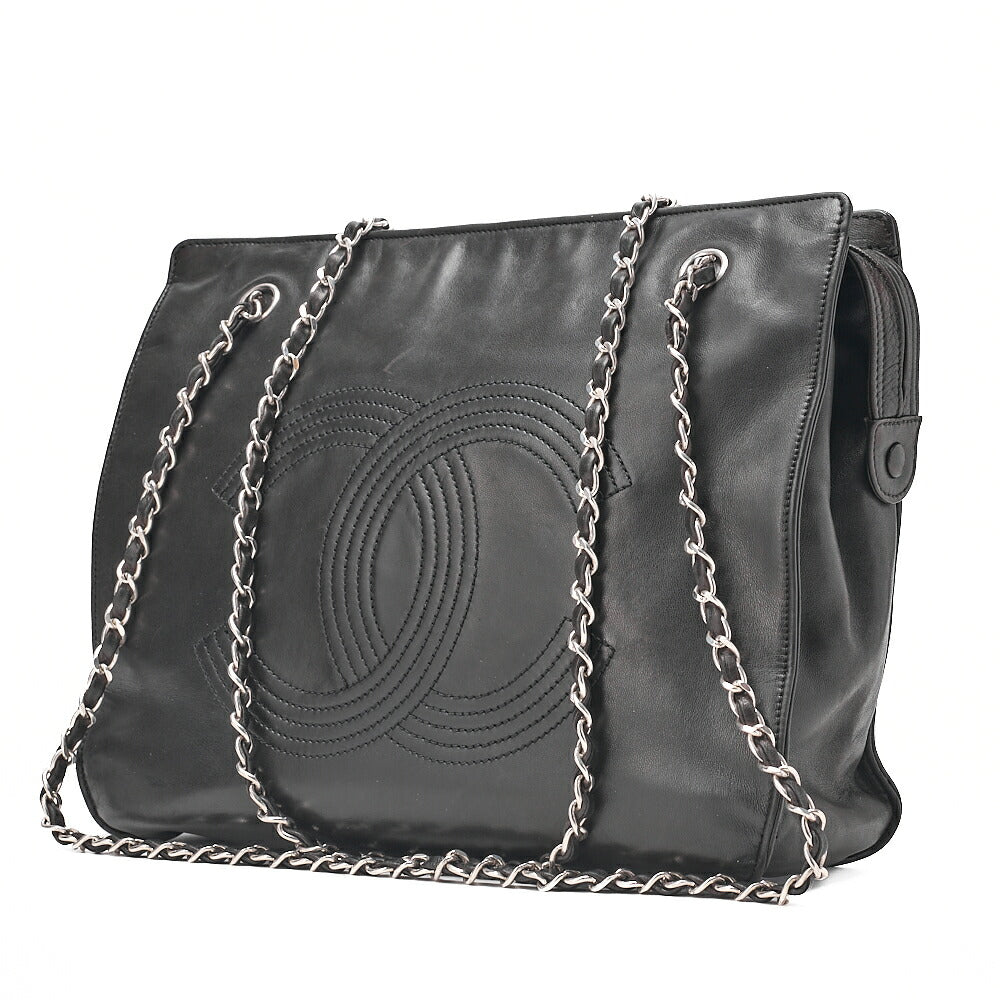 CHANEL Lambskin Big Coco Mark W Chain Shoulder Black Silver -Tone Hardware, Pre-Owned