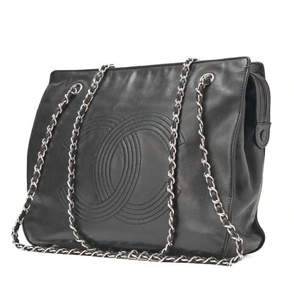 CHANEL Lambskin Big Coco Mark W Chain Shoulder Black Silver -Tone Hardware, Pre-Owned