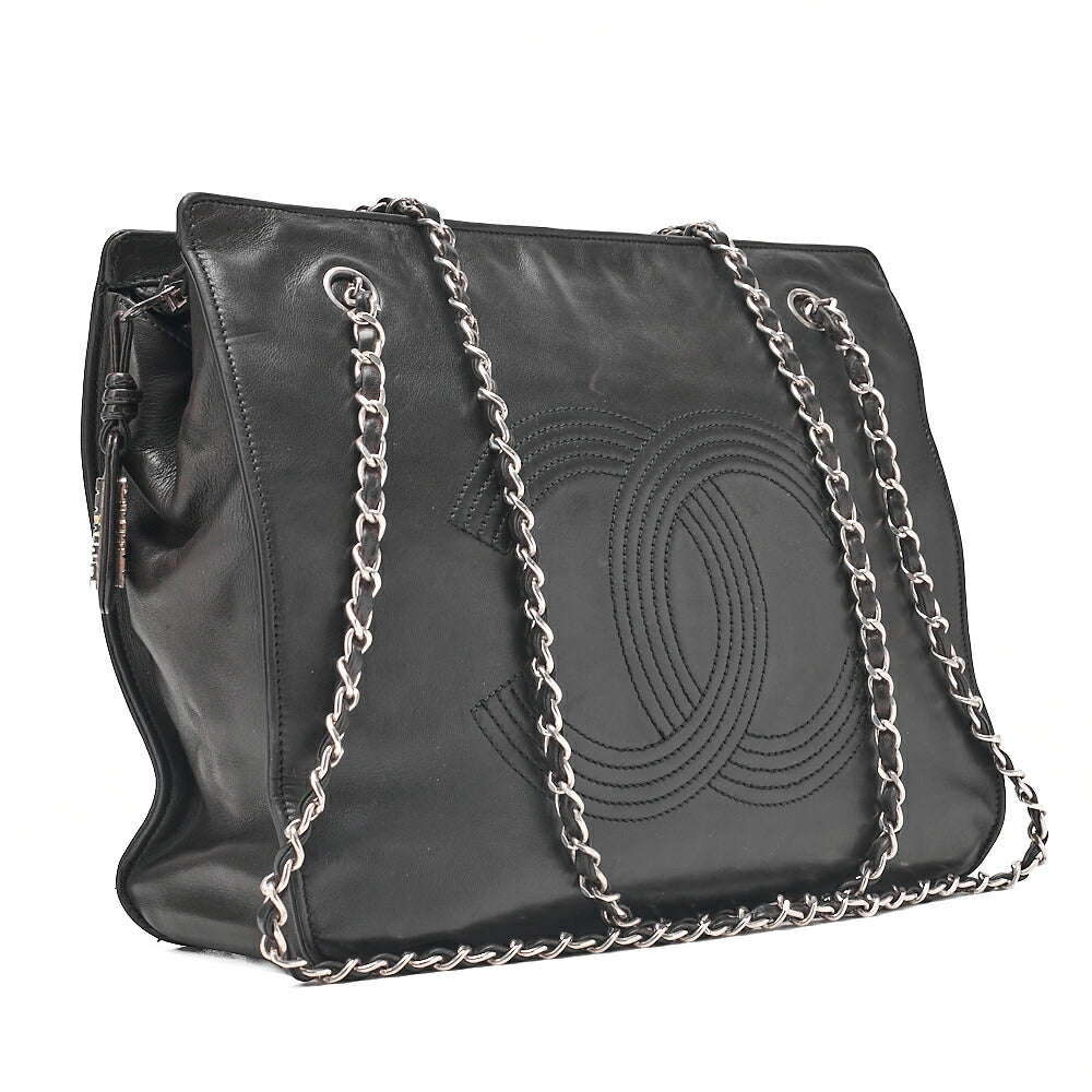 CHANEL Lambskin Big Coco Mark W Chain Shoulder Black Silver -Tone Hardware, Pre-Owned