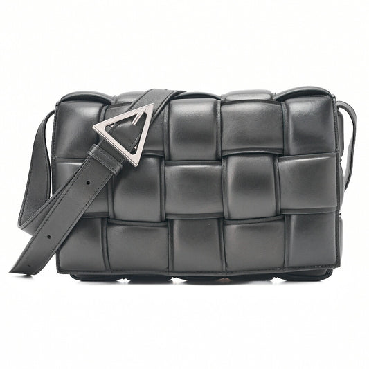 BOTTEGA VENETA Intrecciato Lambskin Padette Cassette Shoulder Back Black Silver-Tone Hardware, Pre-Owned
