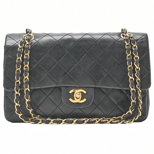 CHANEL Lambskin Matelasse 25cm Double Flap Chain Shoulder Black Gold-Tone Hardware, Pre-Owned