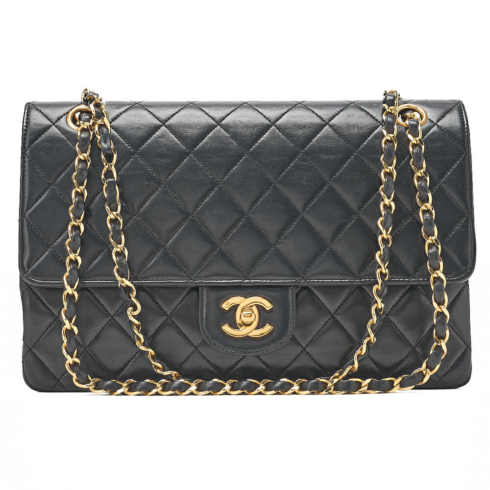 CHANEL Lambskin Matelasse W Straight Flap Chain Shoulder Black Gold-Tone Hardware, Pre-Owned