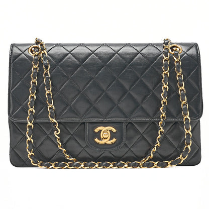 CHANEL Lambskin Matelasse W Straight Flap Chain Shoulder Black Gold-Tone Hardware, Pre-Owned