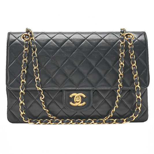 CHANEL Lambskin Matelasse W Straight Flap Chain Shoulder Black Gold-Tone Hardware, Pre-Owned