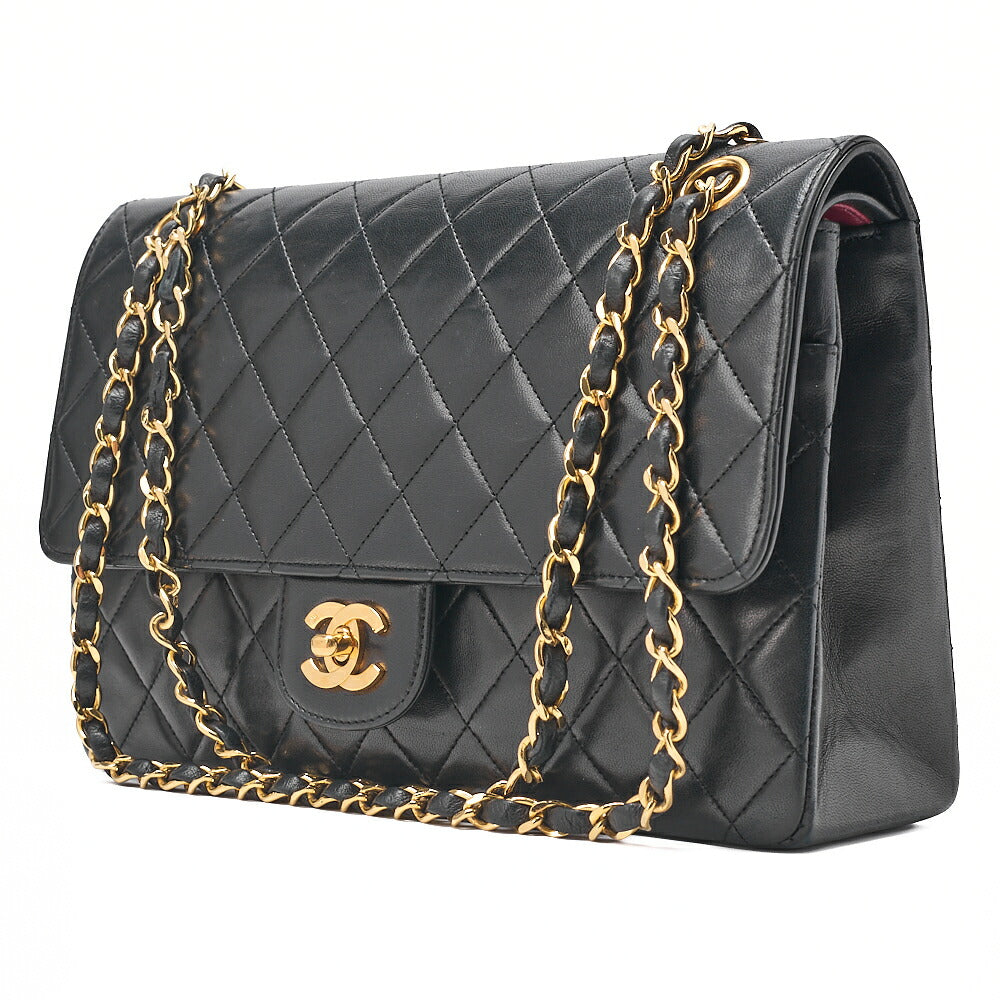 CHANEL Lambskin Matelasse W Straight Flap Chain Shoulder Black Gold-Tone Hardware, Pre-Owned