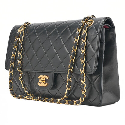 CHANEL Lambskin Matelasse W Straight Flap Chain Shoulder Black Gold-Tone Hardware, Pre-Owned