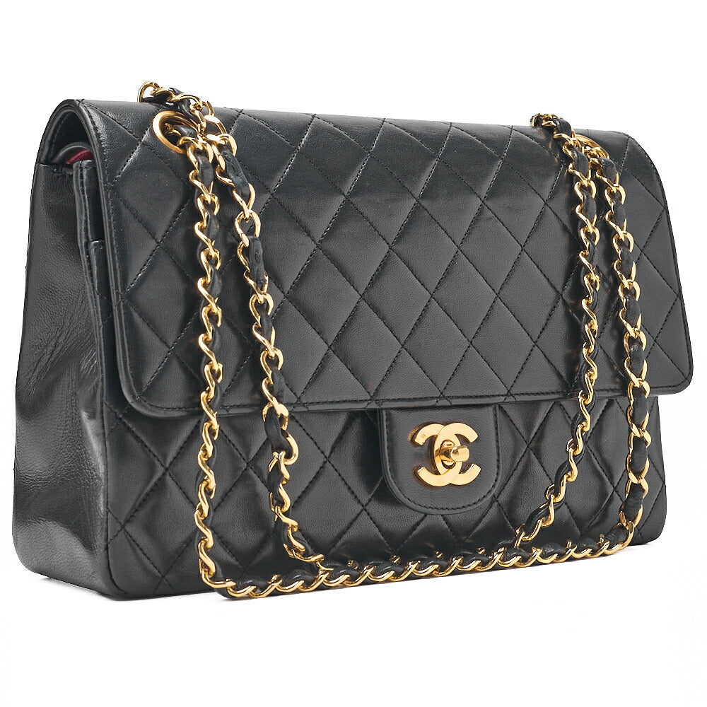 CHANEL Lambskin Matelasse W Straight Flap Chain Shoulder Black Gold-Tone Hardware, Pre-Owned