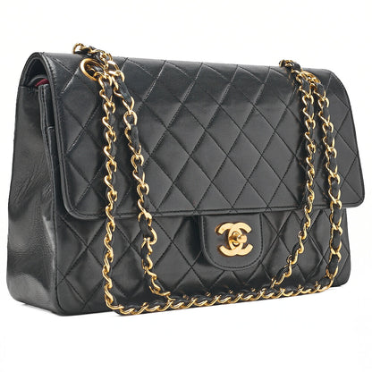 CHANEL Lambskin Matelasse W Straight Flap Chain Shoulder Black Gold-Tone Hardware, Pre-Owned