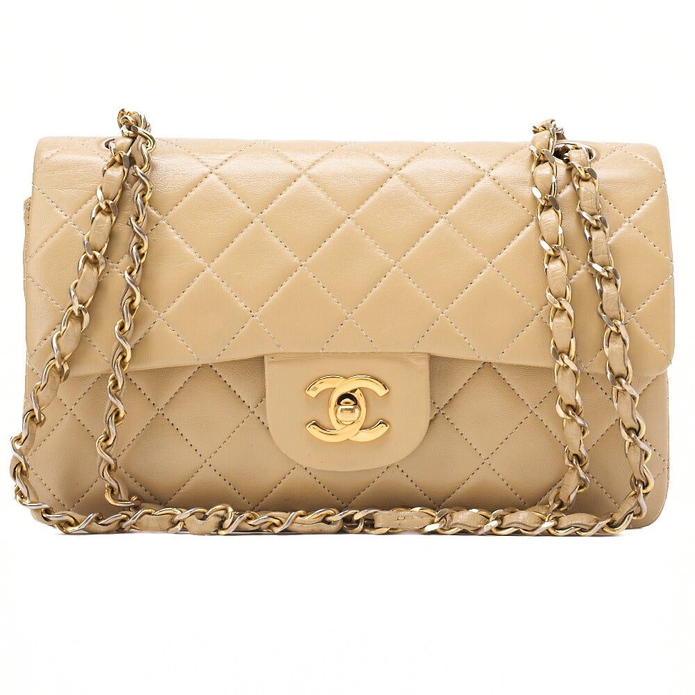 CHANEL Chain Shoulder Bag Matelasse 23cm Double Flap Lambskin Beige Gold-Tone Hardware, Pre-Owned